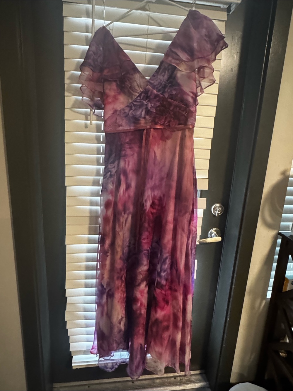 Purple Watercolor Ruffle V-Neck Maxi Dress